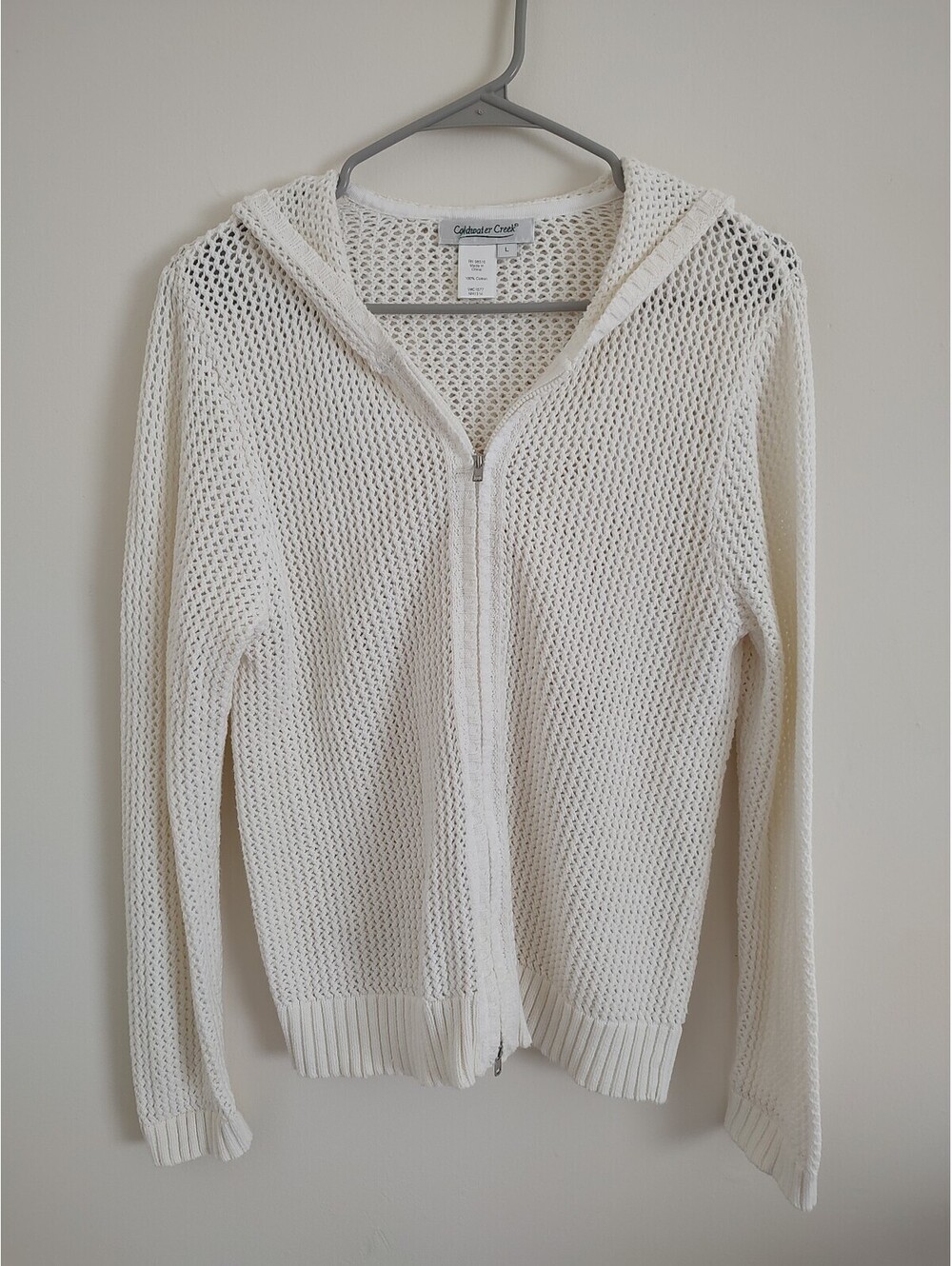 Coldwater Creek Large White 100% Cotton Open Knit Zip Up Hoodie Sweater Size L